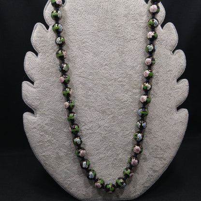Vintage Black Cloisonné Floral Beaded Necklace, Pink Green Flowers, 1960s Vintage Jewelry