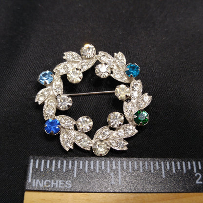 Eisenberg Rhinestone Wreath Brooch, Rhodium Plated, 1950s Vintage Jewelry