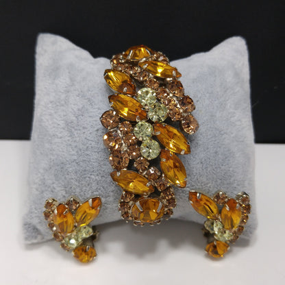 Rhinestone Hinged Bracelet & Earrings, Light Topaz Jonquil, 1960s Vintage Jewelry