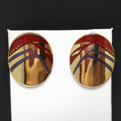 Laurel Burch Metallic Red & Purple Earrings, Gold Plated, 1980s Vintage