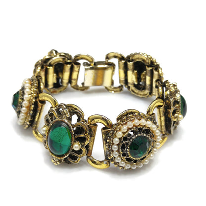 Emerald Green Rhinestones Book Chain Bracelet, Faux Pearls, 1940s 1950s Vintage Jewelry
