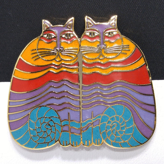 Laurel Burch "Rainbow Cats" Two Cat Brooch, Gold Plated Cloisonne Enamel, 1980s Vintage Jewelry