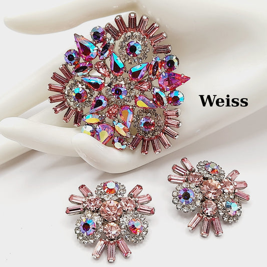 Dazzle in Vintage Glamour – Pink Rhinestone WEISS Brooch & Earrings Set
