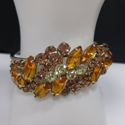 Rhinestone Hinged Bracelet & Earrings, Light Topaz Jonquil, 1960s Vintage Jewelry