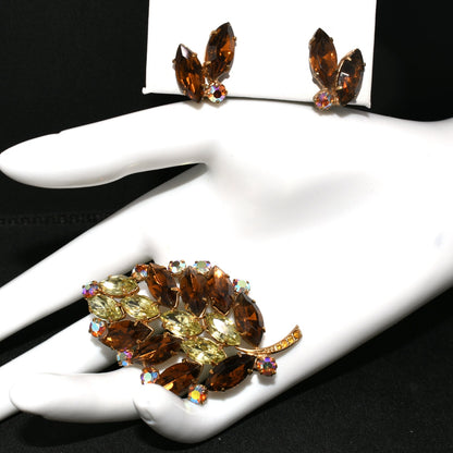 Mid-Century Topaz Jonquil Rhinestone Leaf Brooch Earrings Set, 1960s Vintage Jewelry