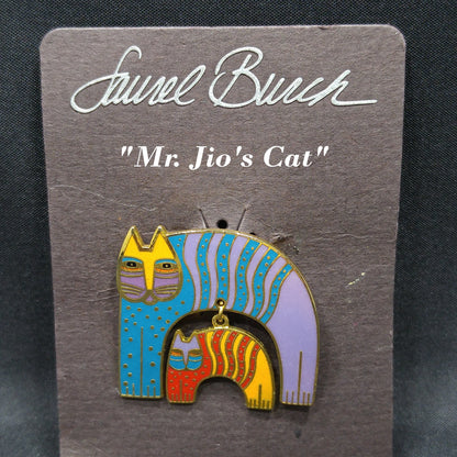 Laurel Burch "Mr. Jio's Cat" Brooch with Dangling Cat Charm, Gold Plated, Cloisonne Enamel, 1980s Vintage Jewelry