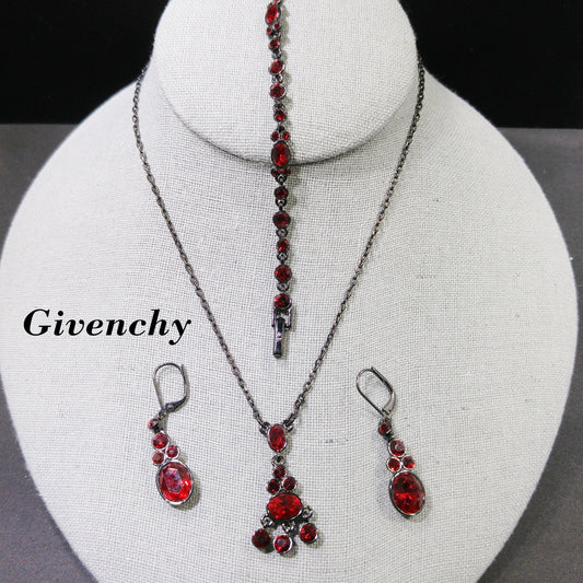 Givenchy Red Rhinestone Jewelry Set, Necklace, Bracelet & Earrings, Vintage