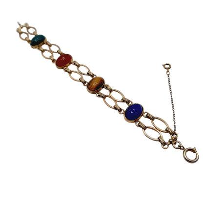 Vintage Scarab Four Gemstone Gold Tone Two Strand Bracelet, Egyptian Beetle Bug