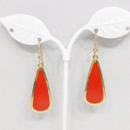 Laurel Burch Red & Gold Teardrop Earrings, Gold Plated, 1980s Vintage Jewelry