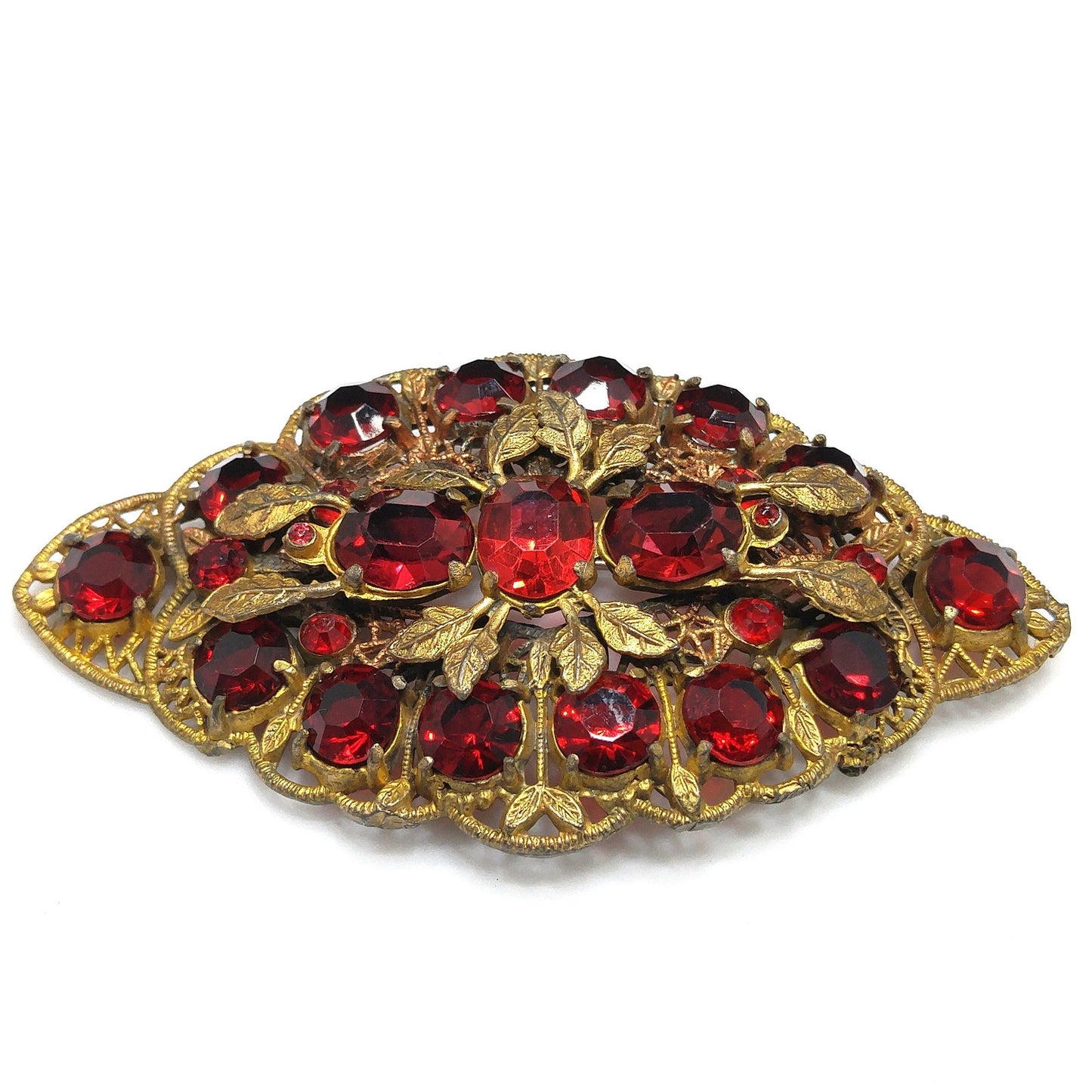 Antique Red Rhinestone Filigree Large Brooch, Wide Floral Sash Shoulder Pin, 1920s Vintage Jewelry