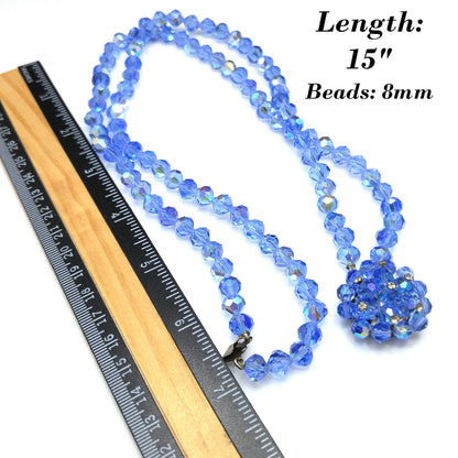 Vintage 1950s Aurora Borealis Blue Crystal Beaded Two-Strand Choker Necklace – Rhinestone Clasp