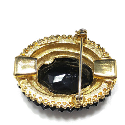 Vendome Black Crystal Brooch & Clip Earrings Set, Gold Plated Vintage Jewelry, Convertible Pendant