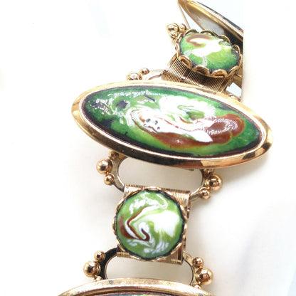 Mid-Century Enamel Book Chain Bracelet, Green Brown White Gold, 1950s Vintage Jewelry