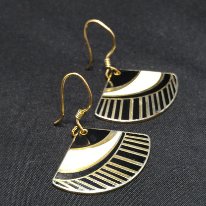 Vintage Laurel Burch Black White Gold Fan Drop Earrings, Gold Plated Enamel