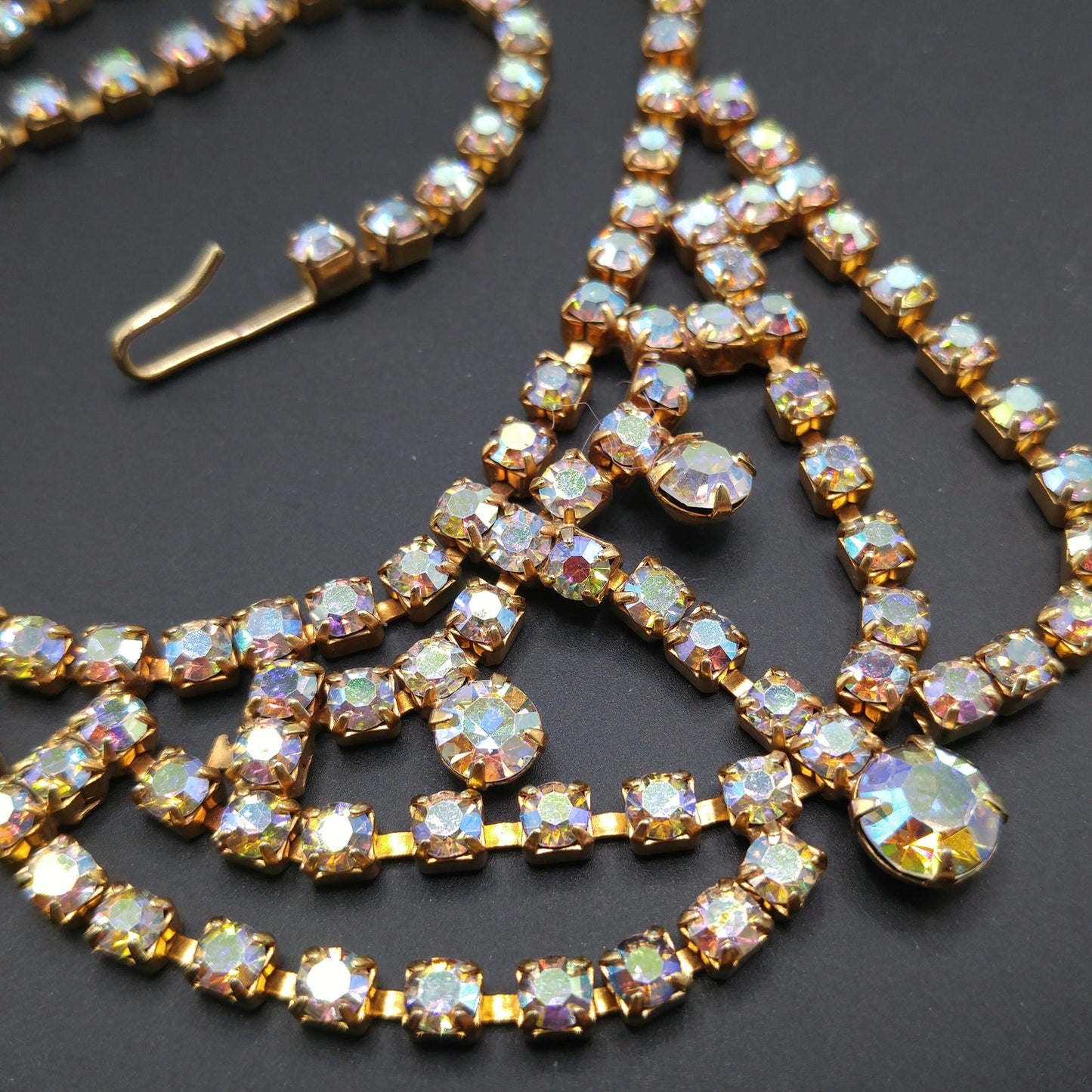 Aurora Borealis Rhinestone Choker Necklace, Gold Plated, 1960s Vintage Jewelry
