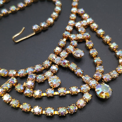 Aurora Borealis Rhinestone Choker Necklace, Gold Plated, 1960s Vintage Jewelry