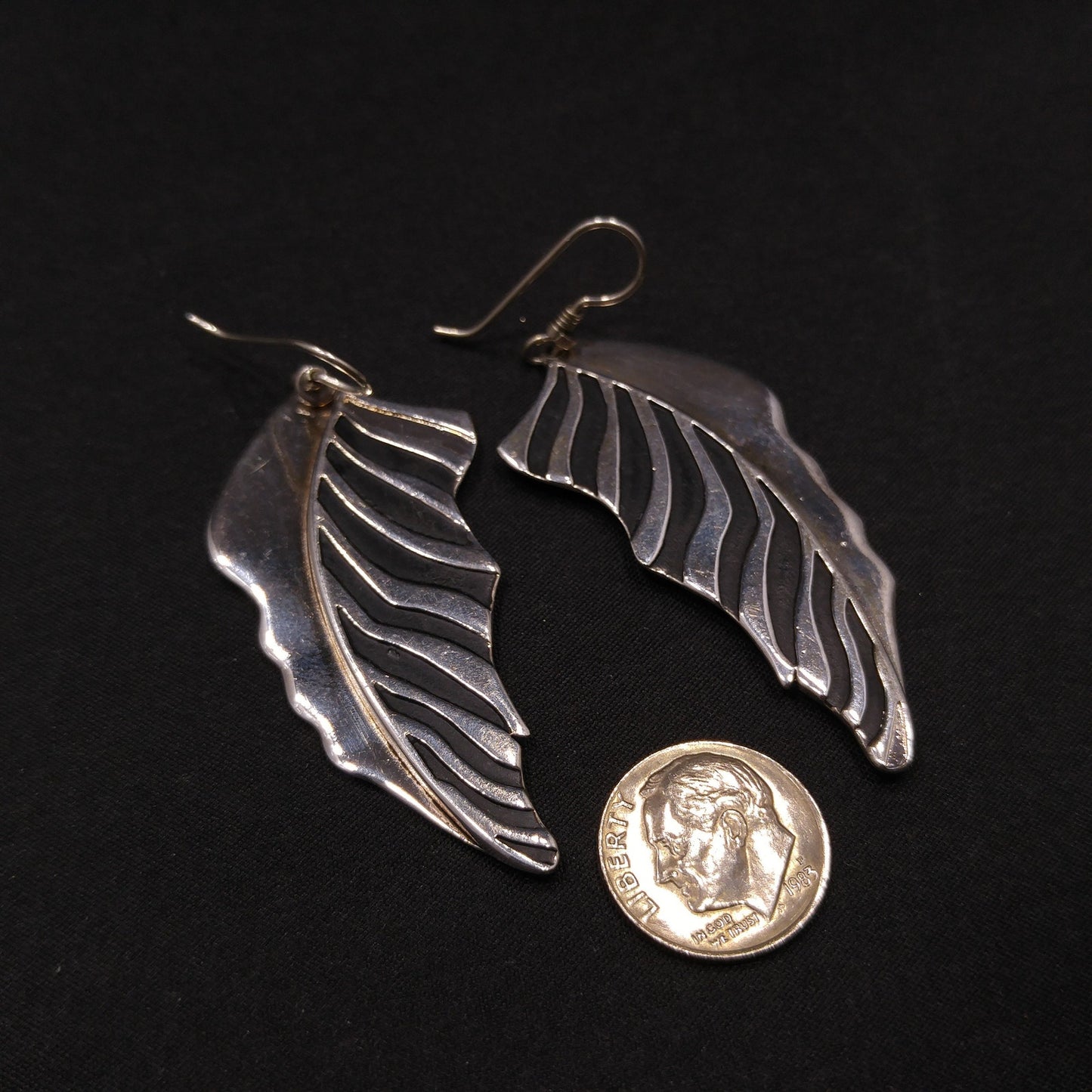 Laurel Burch Long Palm Leaf Earrings, Rhodium Plated, 1980s Vintage Jewelry