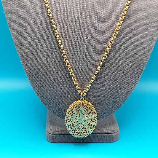 Vintage Filigree Locket Pendant Necklace, 24", Two Photo Locket, 1960s Jewelry