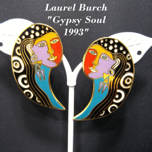 Vintage Laurel Burch "Gypsy Soul 1993" Post Earrings, Gold Plated, Enamel, 1990s