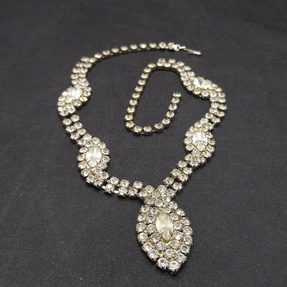 Mid-Century Clear Rhinestone Oval Pendant Necklace, Wedding Necklace, 1950s Vintage Jewelry