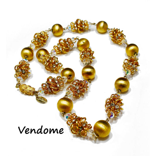 Vendome 1950s Gold Satin & Crystal Cage Bead Necklace | Aurora Borealis & Rhinestone Statement Strand | Vintage Designer Jewelry