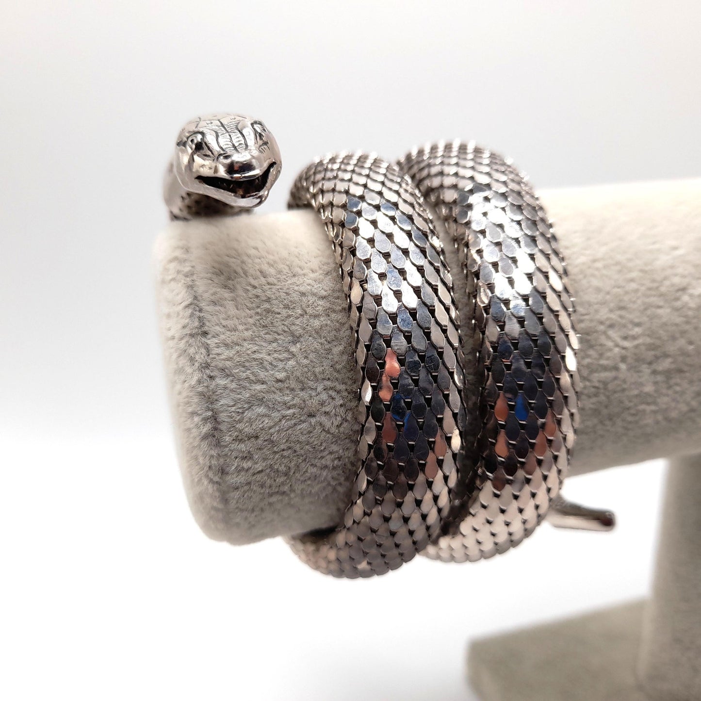 Whiting & Davis Snake Mesh Coil Bracelet, Rhodium Plated, Book Piece, 1970s Vintage Jewelry