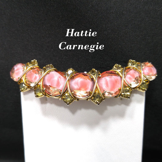 Hattie Carnegie Pink Art Glass Brooch, Gold Plated, Wire Wrapped, 1960s Vintage Jewelry
