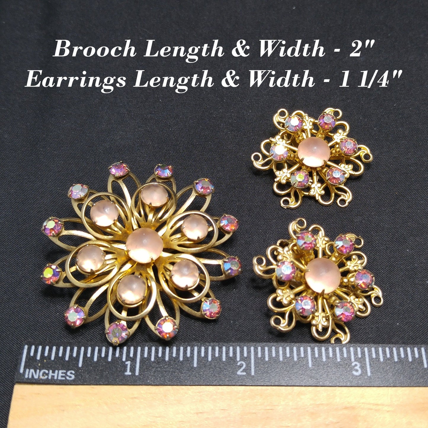 Vintage Pink Aurora Borealis Brooch Earrings Set, Pink Cabochons, 1950s Vintage Jewelry