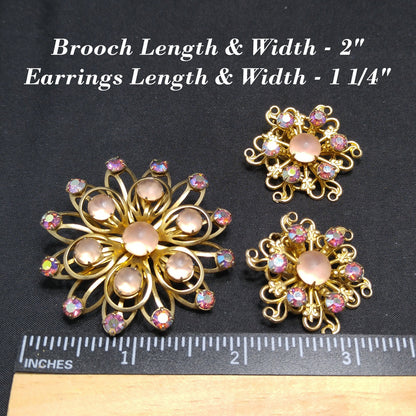 Vintage Pink Aurora Borealis Brooch Earrings Set, Pink Cabochons, 1950s Vintage Jewelry