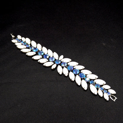 Vintage Weiss Blue AB Rhinestone Bracelet, White Milk Glass Cabochons, Rhodium Plated