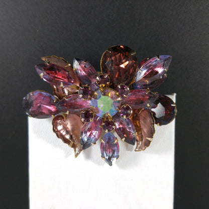 Judy Lee Purple Molded Leaves Brooch, Aurora Borealis Rhinestones, 1950s Vintage Jewelry