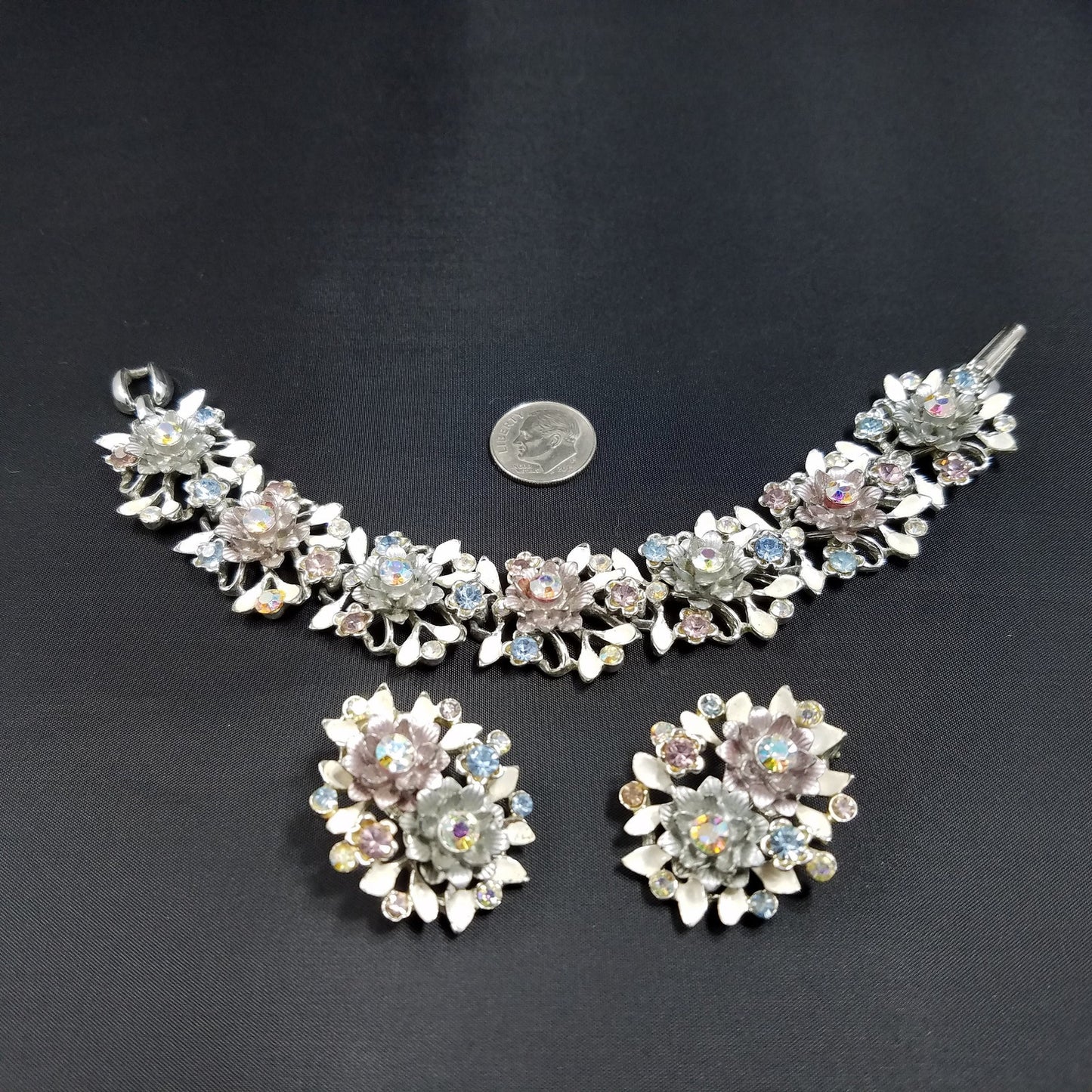 Vintage BSK White Enamel Floral Bracelet Earrings Set Pink Blue AB Rhinestones