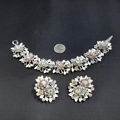 Vintage BSK White Enamel Floral Bracelet Earrings Set Pink Blue AB Rhinestones