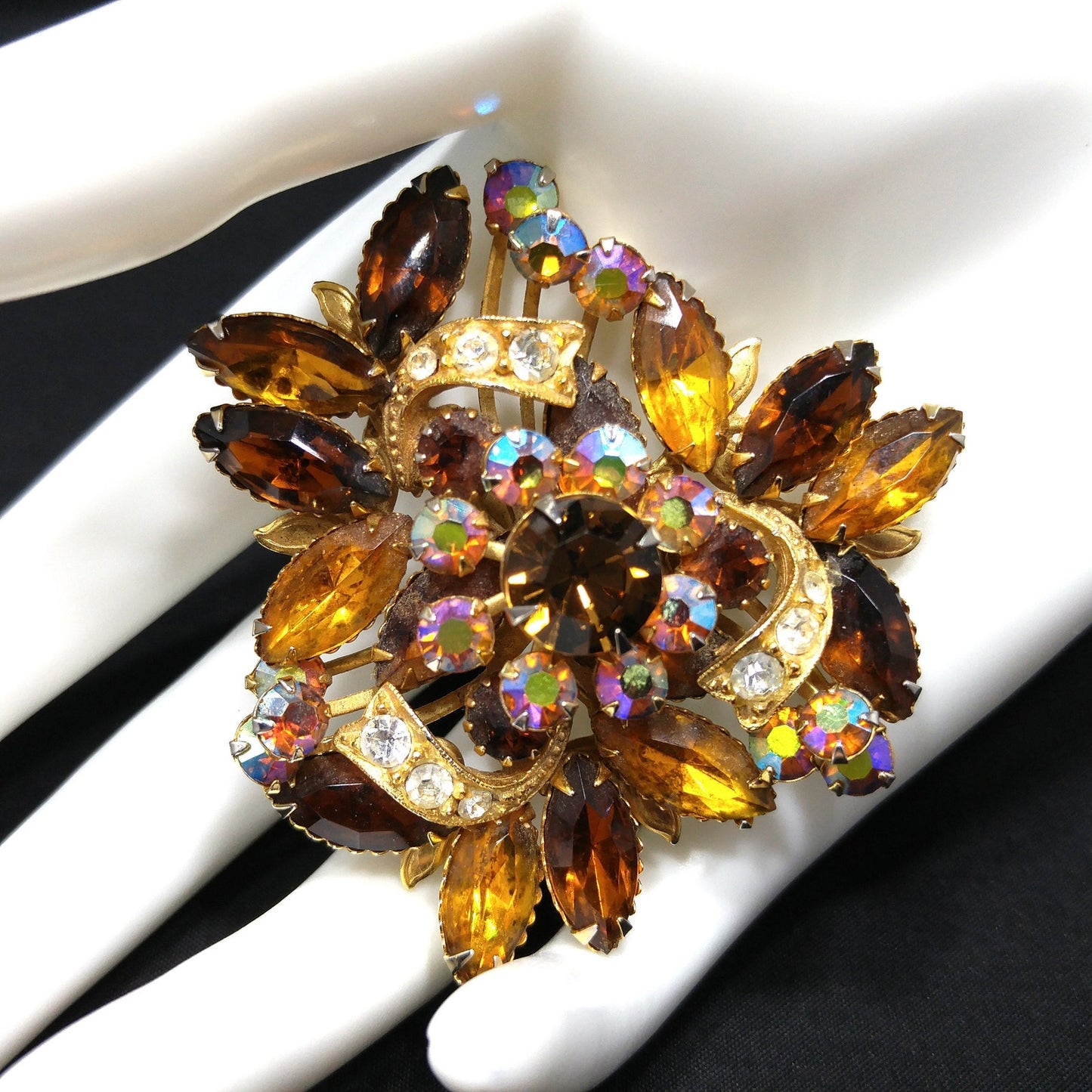 Fall Rhinestone Ribbon Brooch, Topaz Rhinestones, Aurora Borealis, 1950s Vintage Jewelry
