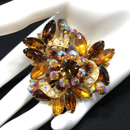 Fall Rhinestone Ribbon Brooch, Topaz Rhinestones, Aurora Borealis, 1950s Vintage Jewelry