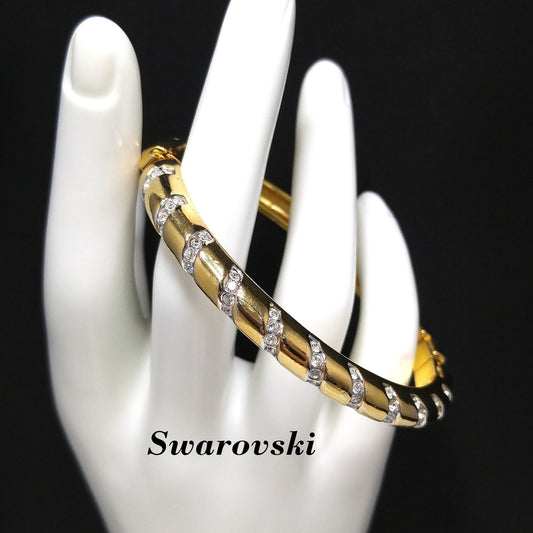 Swarovski Swan Logo Bracelet, Gold Plated Hinged Bangle, Clear Pave Rhinestones, 1980s Vintage Jewelry