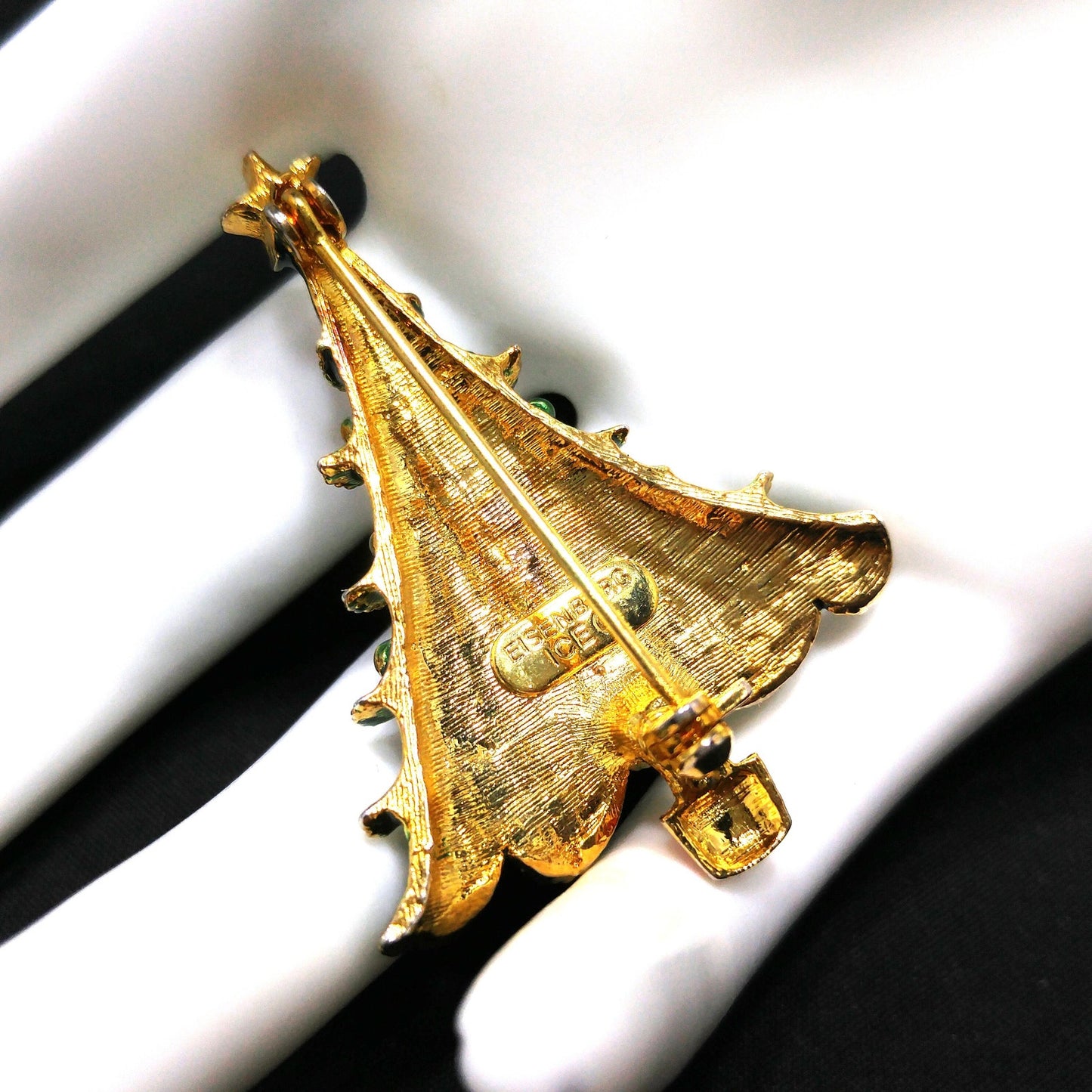 Eisenberg Ice Christmas Tree Brooch Green Enamel Red Trunk Vintage 1970s