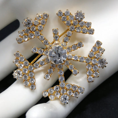 Eisenberg Ice Snowflake Brooch, Clear Rhinestones, Gold Plated, Vintage Jewelry