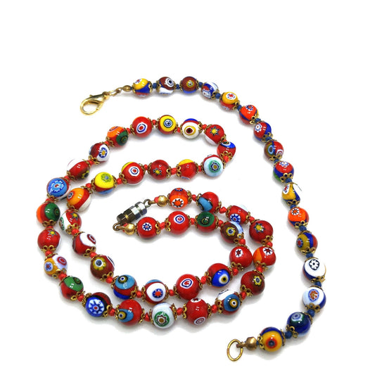 Murano Millefiori Beaded Necklace Bracelet Set, Hand Blown Glass, Hand Knotted in Red, 1950s Vintage Jewelry