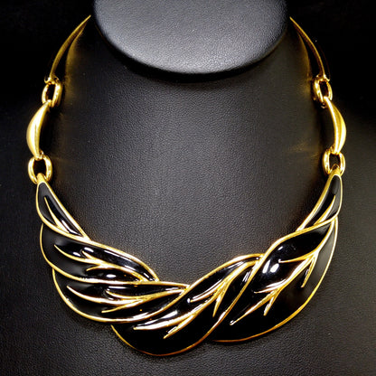 Monet Black Enamel Leaves Choker Necklace, Gold Plated, 1980s Vintage Jewelry