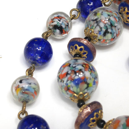 Murano Speckled Glass Beaded Necklace, Cobalt Blue Aventurine Glitter Glass, 1950s Vintage Jewelry