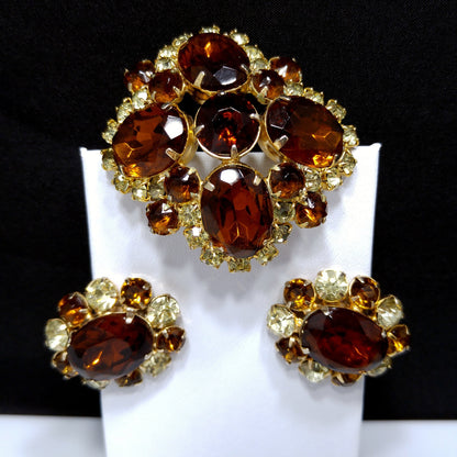 Topaz Rhinestone Brooch & Clip Earrings Set, Gold Plated, 1960s Vintage Jewelry