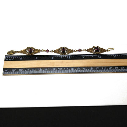 Sadie Green Art Nouveau Purple Bracelet, Golden Brass & Faux Amethyst, 6 3/4" Length, 1980s Vintage Jewelry