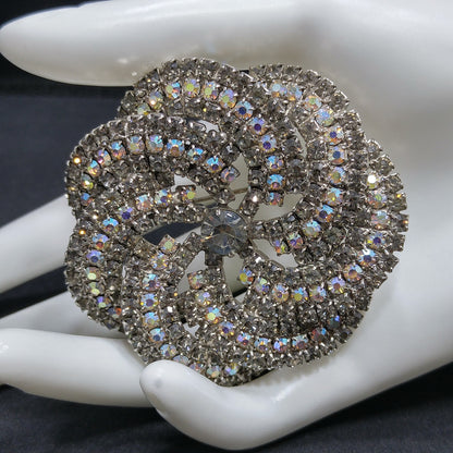Vintage Pinwheel Rhinestones Brooch, AB Rhinestones, Rhodium Plated, 1960s