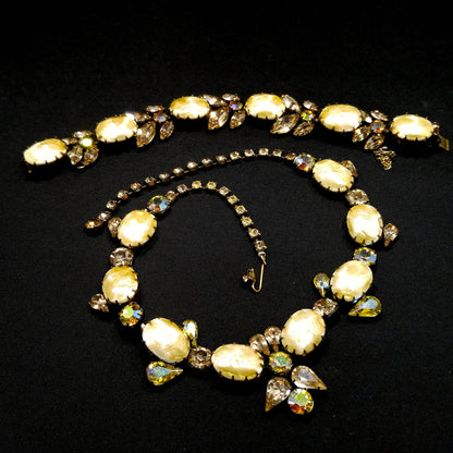 Regency Baroque Pearl Necklace Bracelet Set, Light Topaz AB Rhinestones, 1950s Vintage Jewelry