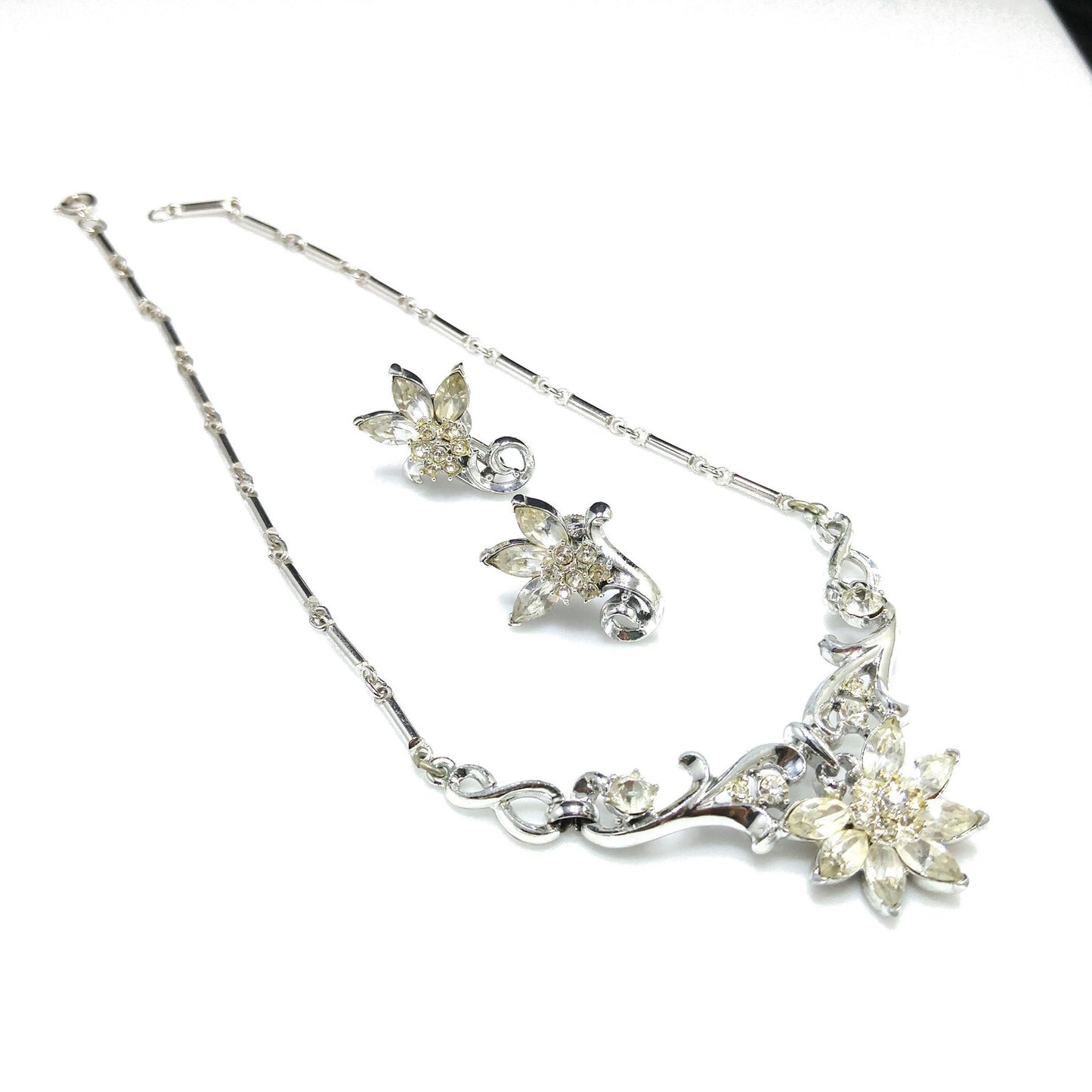 Coro Clear Rhinestone Rhodium Plated Necklace & Earrings, Wedding Jewelry Set, 1950s Vintage Jewelry