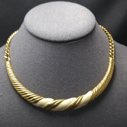 Monet Cream Enamel Necklace Earrings, Gold Plated, 1960s Vintage Jewelry
