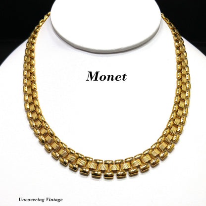 Vintage Monet Interlocking Chain Choker Necklace, Gold Plated, 1970s Vintage