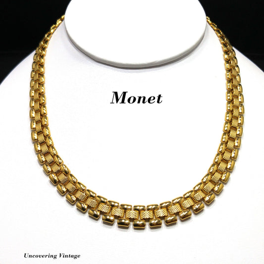 Vintage Monet Interlocking Chain Choker Necklace, Gold Plated, 1970s Vintage
