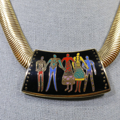 Laurel Burch "Familia" Cloisonne Necklace, Gold Plated Omega Chain, 1980s Vintage Jewelry